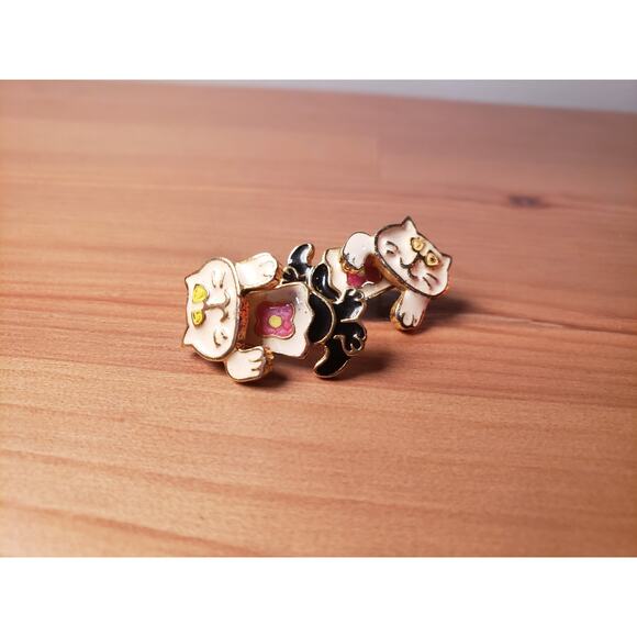 80's Vintage Enamel Cat Earrings Signed AIM Moveable Two Parts - Picture 2 of 3